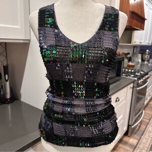 Vintage Y2K Paolo Santini Mesh Sequin Tank Top Womens M Black Iridescent Sparkle